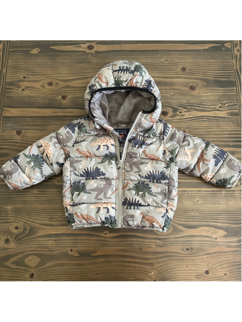 The Children's Place Boys 18-24M Dinosaur Puffer Jacket Gray Brown Green